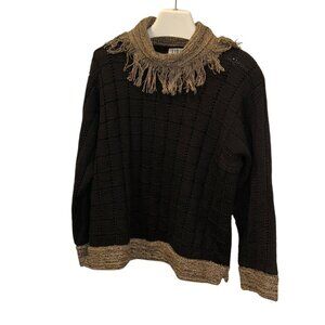 Fia Italy Vintage Hand Loomed black textured fringe trim sweater XL EUC